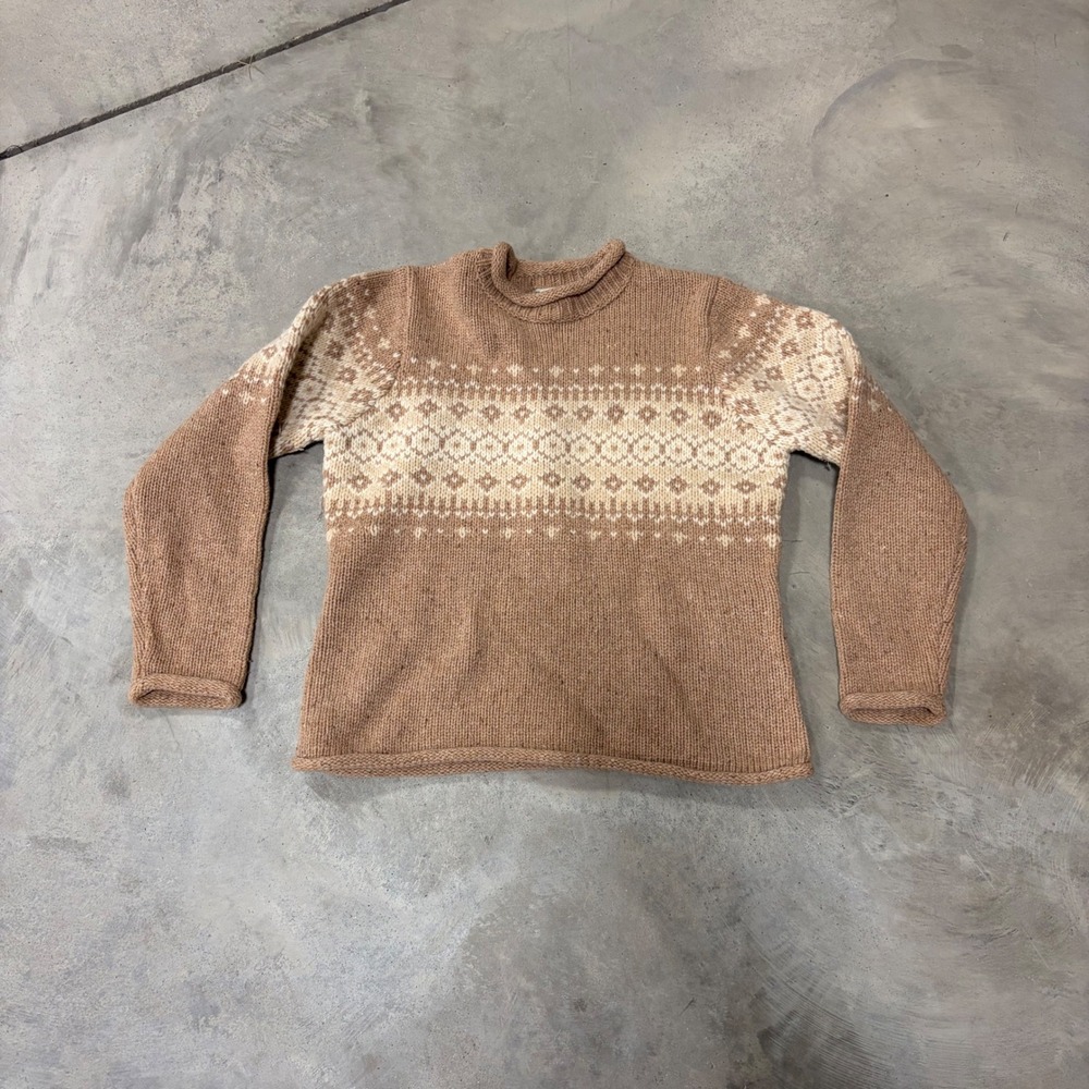 LL Bean Womens Wool Blend Fair Isle Crew Neck Sweater Tan Brown M-REG O BHS5